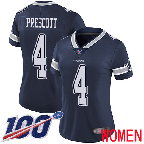 Women Dallas Cowboys Limited Navy Blue Dak Prescott Home #4 100th Season Vapor Untouchable NFL Jersey->women nfl jersey->Women Jersey